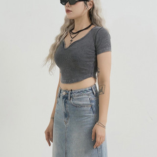 MIDDUA - CR2402 Crop vạt bầu cut kiểu, wash bụi
