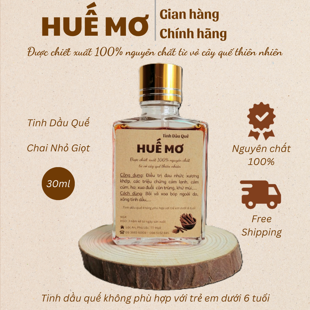Tinh dầu Quế nguyên chất HUẾ MƠ - Giảm đau nhức xương khớp, cảm cúm, đuổi côn trùng, khử mùi - 30ml