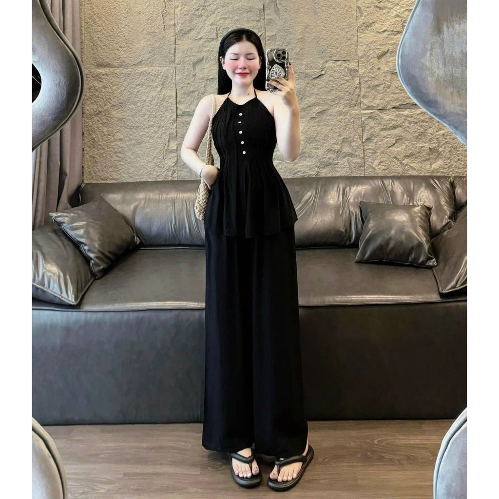 Set bộ dài - Set bộ đồ nữ mặc đi chơi chất đũi vân mây áo cổ dây yếm xoè chạy mocking nút hở lưng quần dài suông dài