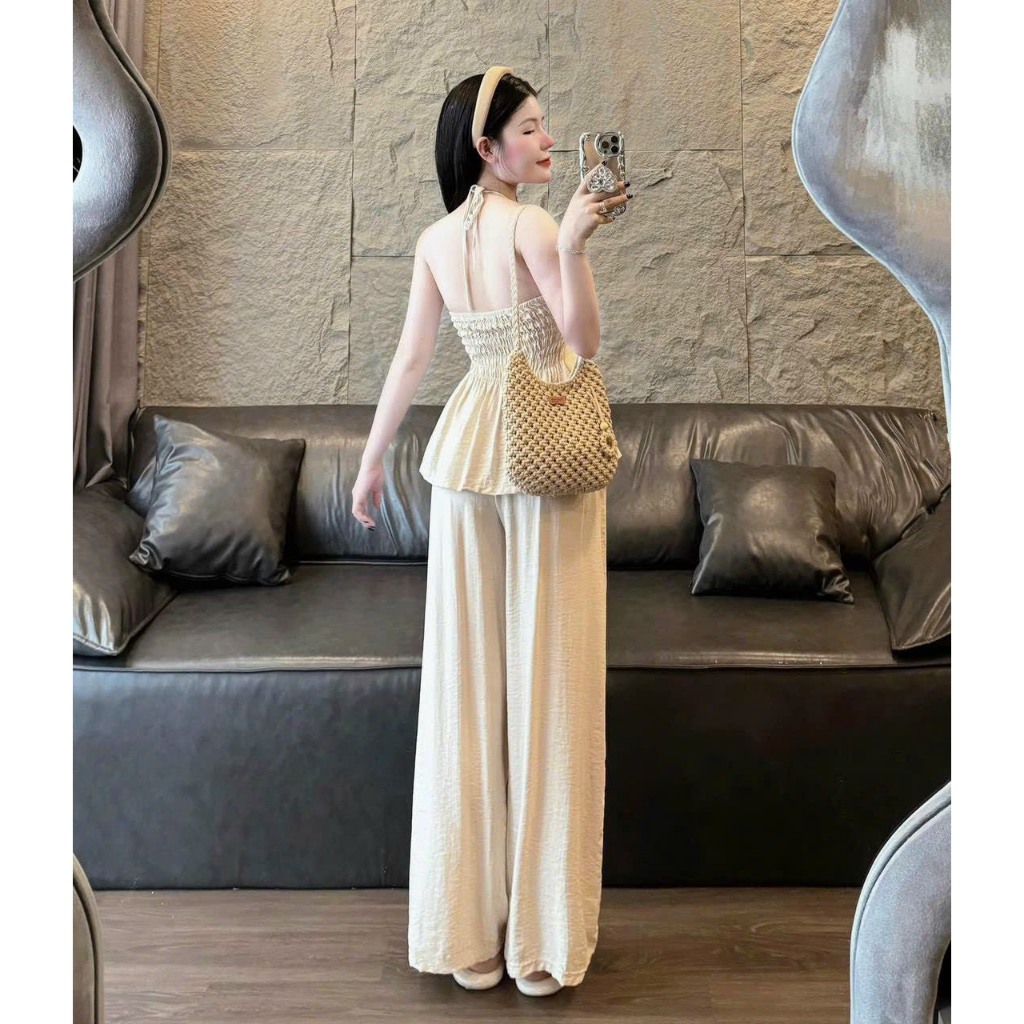 Set bộ dài - Set bộ đồ nữ mặc đi chơi chất đũi vân mây áo cổ dây yếm xoè chạy mocking nút hở lưng quần dài suông dài