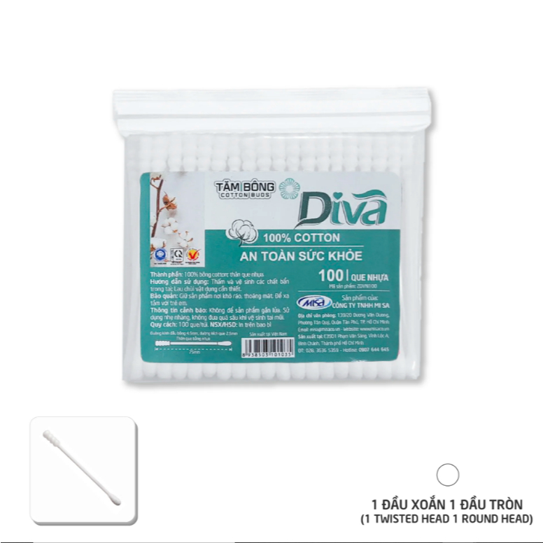 Ảnh Tăm bông ráy tai Diva 100% Bông Tự Nhiên Túi 200 cây 2