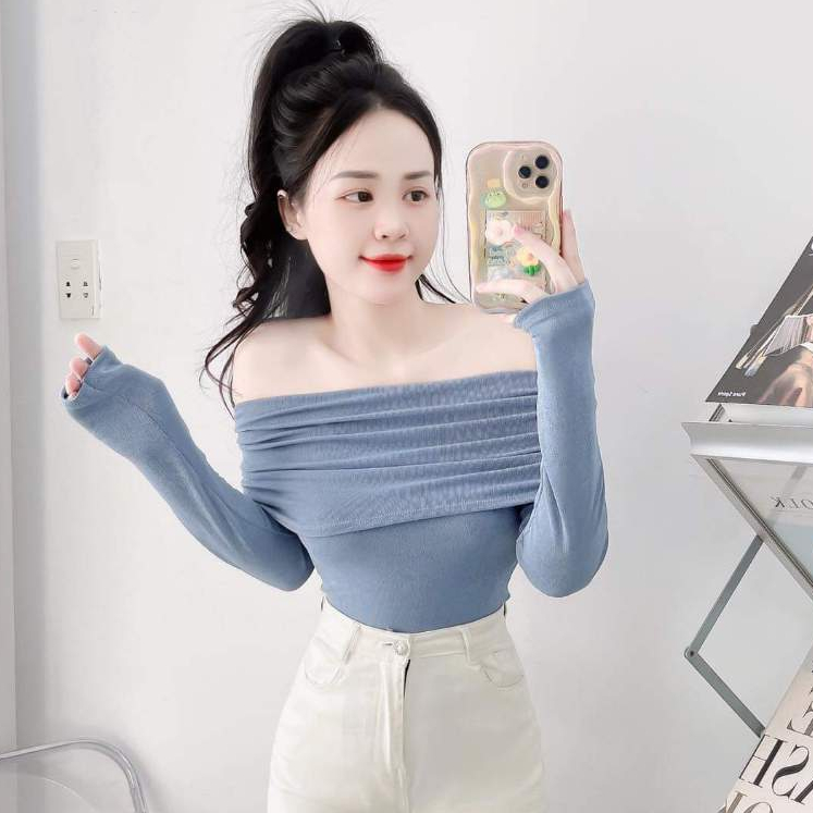 Áo Bigsize Tay Dài Vải Thun Nhũ ESHOP Áo Thun Nữ Trễ Vai Đẹp Dễ Thương MS059 Thời Trang Thiết Kế