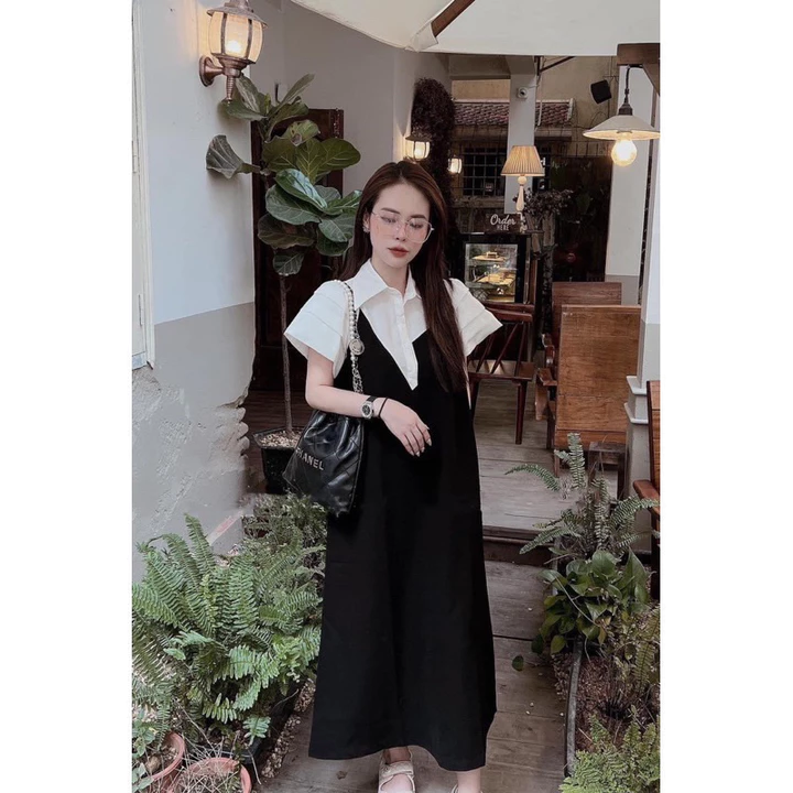 Váy Bầu Sơ Mi, Đầm Sơ Mi Phối Thân Sang Chảnh cổ lệch From Rộng Dáng Dài
