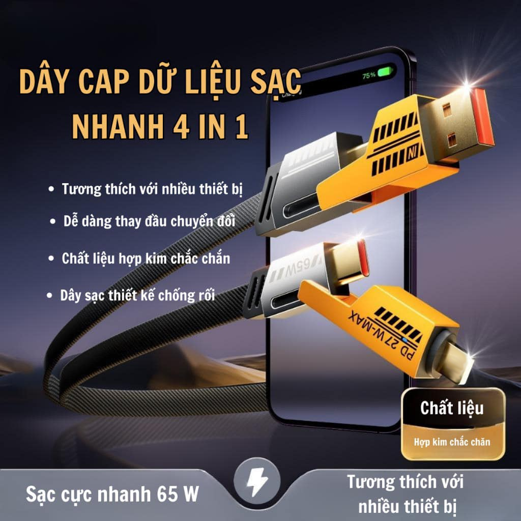 Cáp Sạc Nhanh 3 Đầu,  Dây Sạc Tự Ngắt Bọc Dù 100W Tích Hợp 3 Cổng Micro, Usb, Type C 3 In 1 MÃ: 996