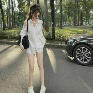 Sét Bộ Sơ Mi Nữ Vải Lụa Khoét Vai Thoáng Mát Phù Hợp Đi Biển, Đi Chơi