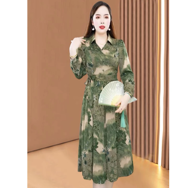 Đầm trung niên cho mẹ mặc dự tiệc, váy trung niên cho mẹ Lụa Pháp cổ Sơ Mi (ph02)