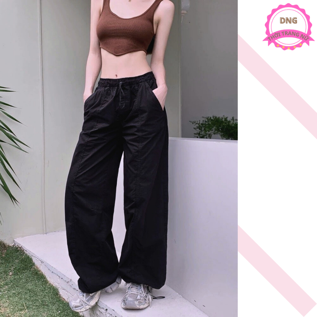 Quần Gió Ống Rộng Cạp Chun Nữ Có Dây Kéo Để Thành Quần Jogger Chất Liệu Đũi Gió Siêu Năng Động Hot Hit