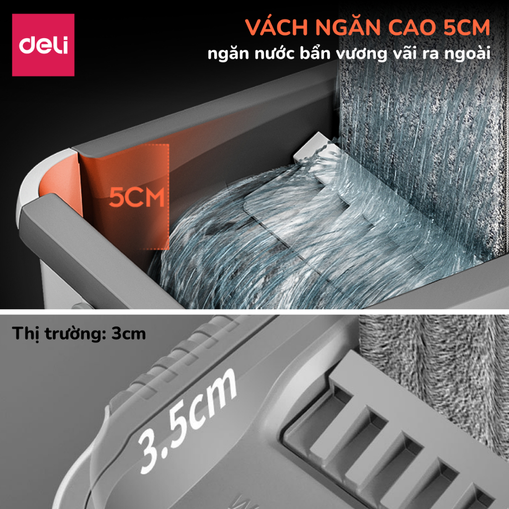 Cây lau nhà tự vắt có thùng 2 ngăn Deli, Bộ chổi lau nhà 360 độ kèm 3 bông lau microfiber siêu sạch