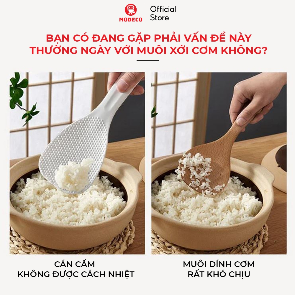 Muôi Xới Cơm Chống Dính Cao Cấp Modeco, Cán Gỗ Sồi Chịu Nhiệt Tốt, Chống Nóng Và Có Thể Để Đứng An Toàn Dễ Sử Dụng