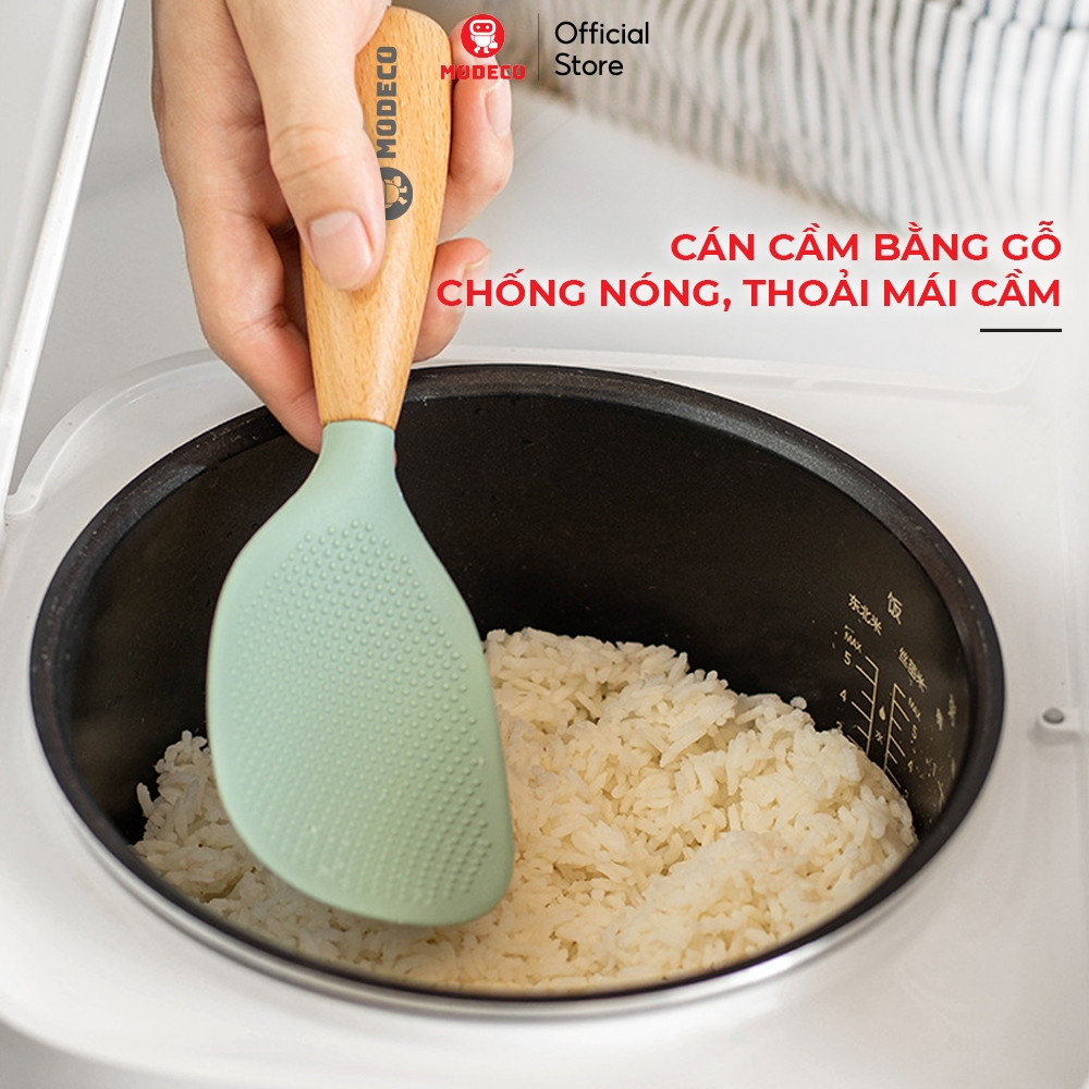 Muôi Xới Cơm Chống Dính Cao Cấp Modeco, Cán Gỗ Sồi Chịu Nhiệt Tốt, Chống Nóng Và Có Thể Để Đứng An Toàn Dễ Sử Dụng