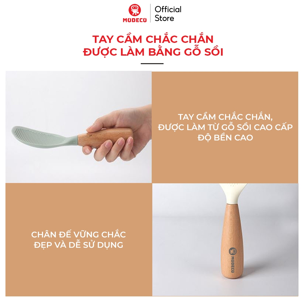 Muôi Xới Cơm Chống Dính Cao Cấp Modeco, Cán Gỗ Sồi Chịu Nhiệt Tốt, Chống Nóng Và Có Thể Để Đứng An Toàn Dễ Sử Dụng