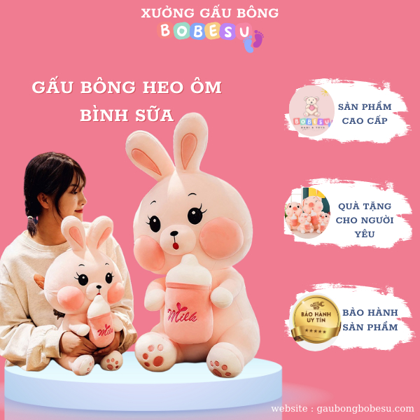 Gấu Bông Thỏ Hồng Ôm Bình Sữa Má Hồng Lúng Lính Đáng Yêu Véo Má Hay Ôm Đều Thích Sản Phẩm Cao Cấp