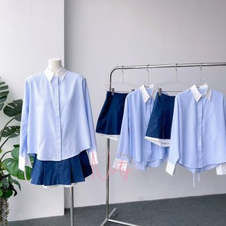 Set Đồ Nữ Áo Sơ Mi Kẻ Sọc Xanh Cổ Trắng Tay Dài Phồng Xẻ Sau Cột Nơ Mix Váy Jean Ngắn Siêu Xinh Năng Động