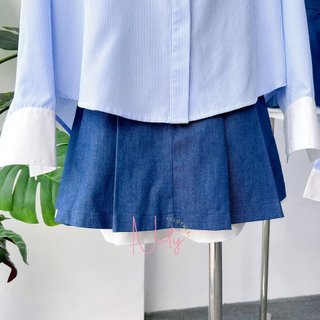 Set Đồ Nữ Áo Sơ Mi Kẻ Sọc Xanh Cổ Trắng Tay Dài Phồng Xẻ Sau Cột Nơ Mix Váy Jean Ngắn Siêu Xinh Năng Động