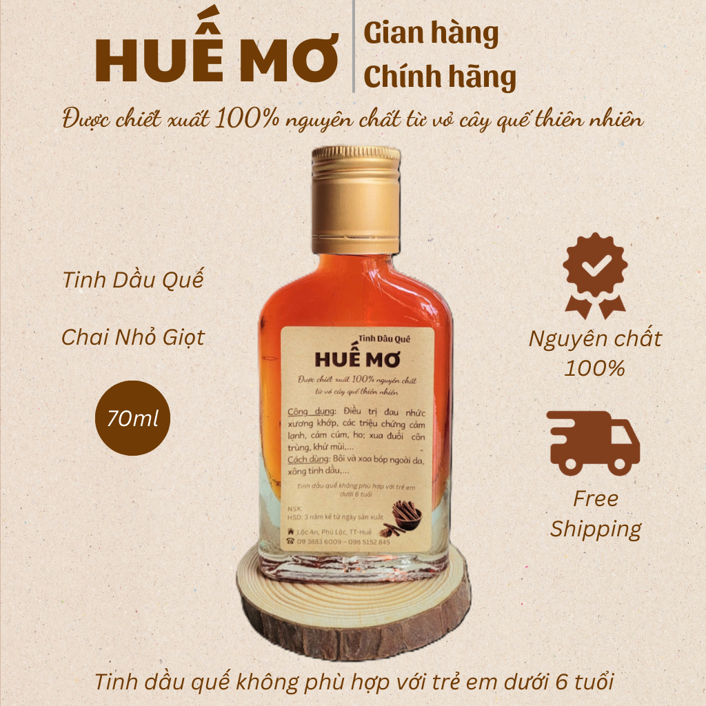 Tinh dầu Quế nguyên chất HUẾ MƠ - Giảm đau nhức xương khớp, cảm cúm, đuổi côn trùng, khử mùi - 70ml