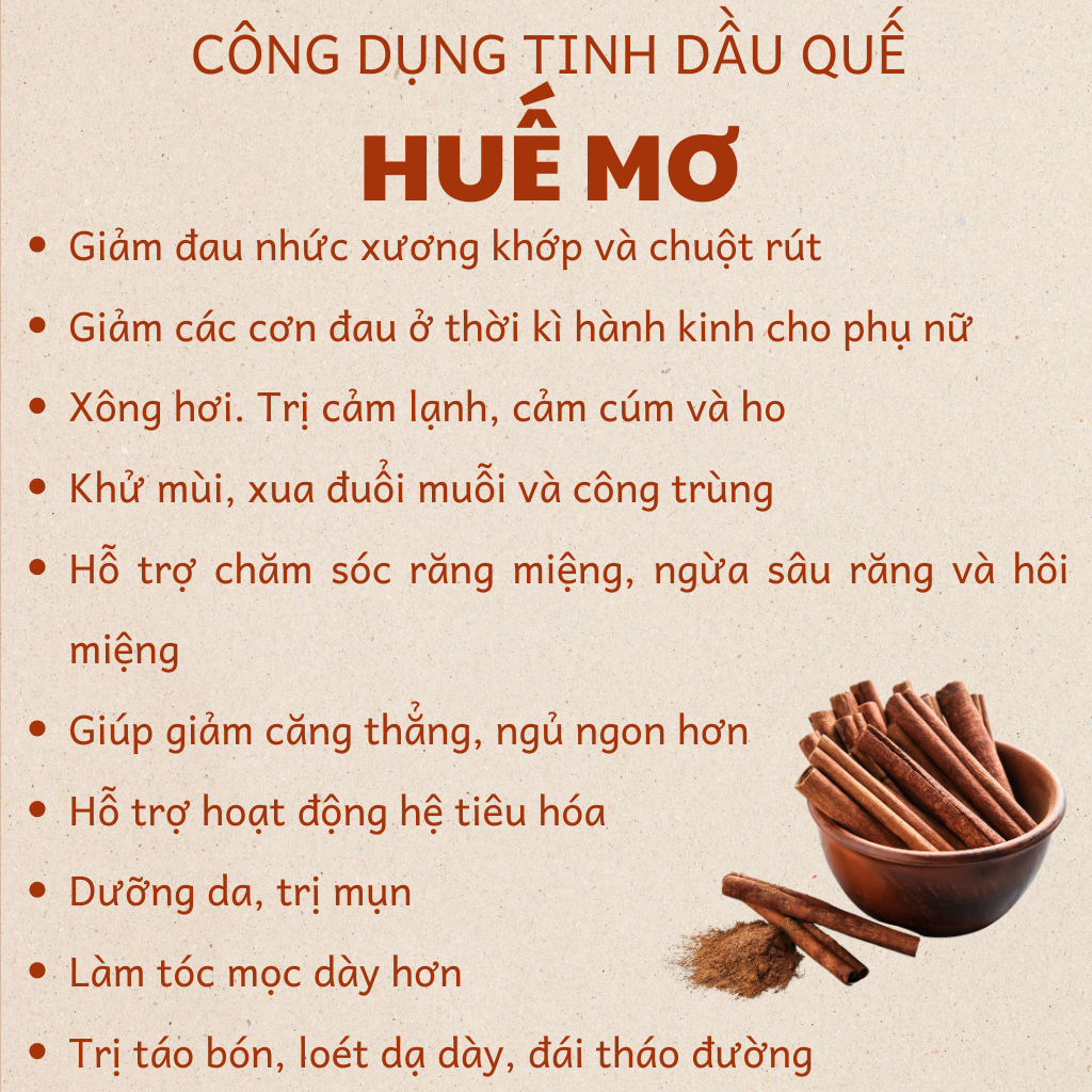 Tinh dầu Quế nguyên chất HUẾ MƠ - Giảm đau nhức xương khớp, cảm cúm, đuổi côn trùng, khử mùi - 30ml