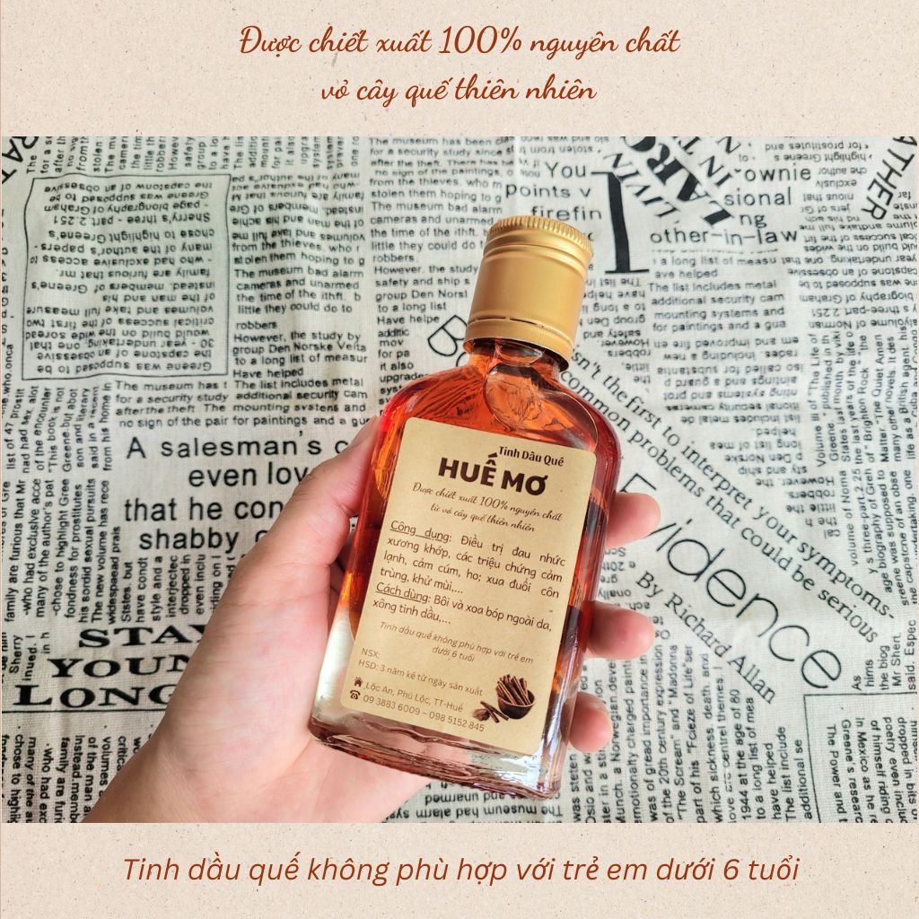 Tinh dầu Quế nguyên chất HUẾ MƠ - Giảm đau nhức xương khớp, cảm cúm, đuổi côn trùng, khử mùi - 70ml