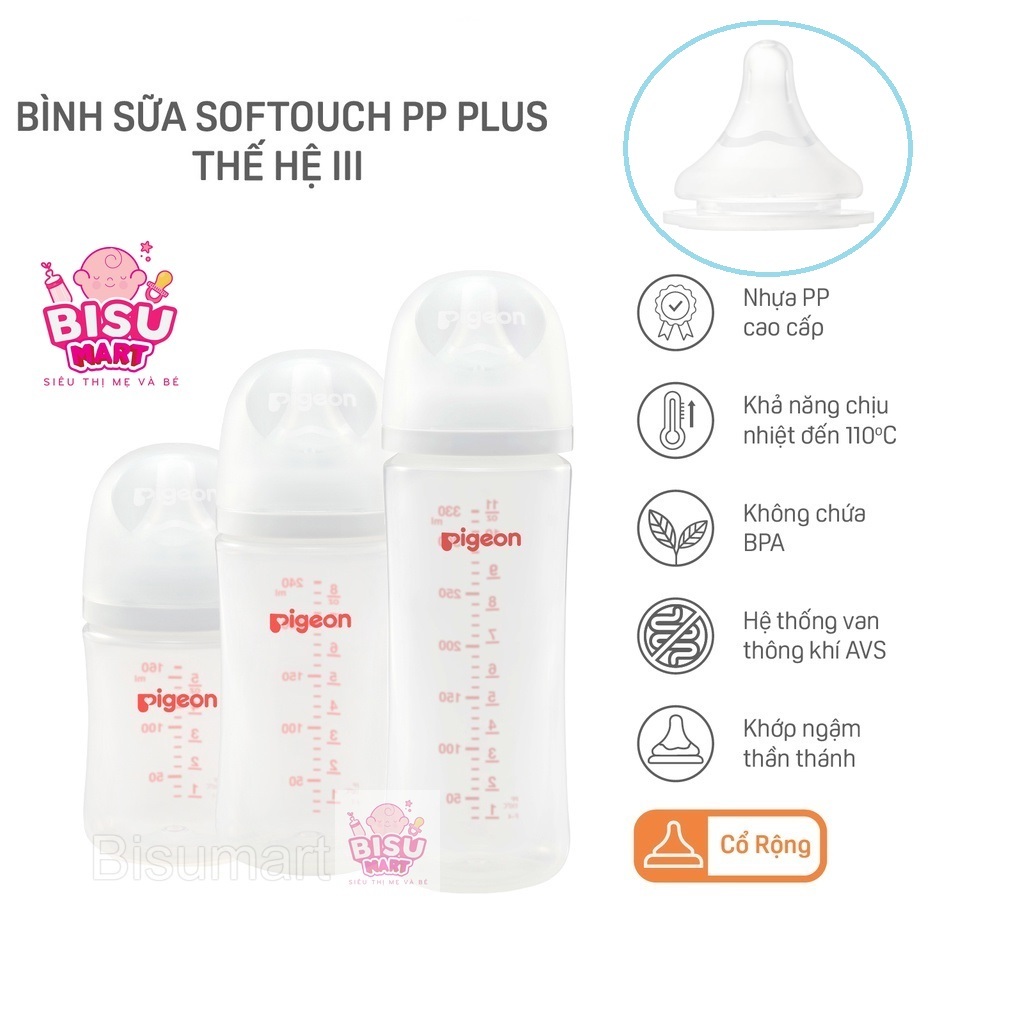 Bình sữa Pigeon cổ rộng PP Plus cho bé sơ sinh 160ml 240ml 330ml ...