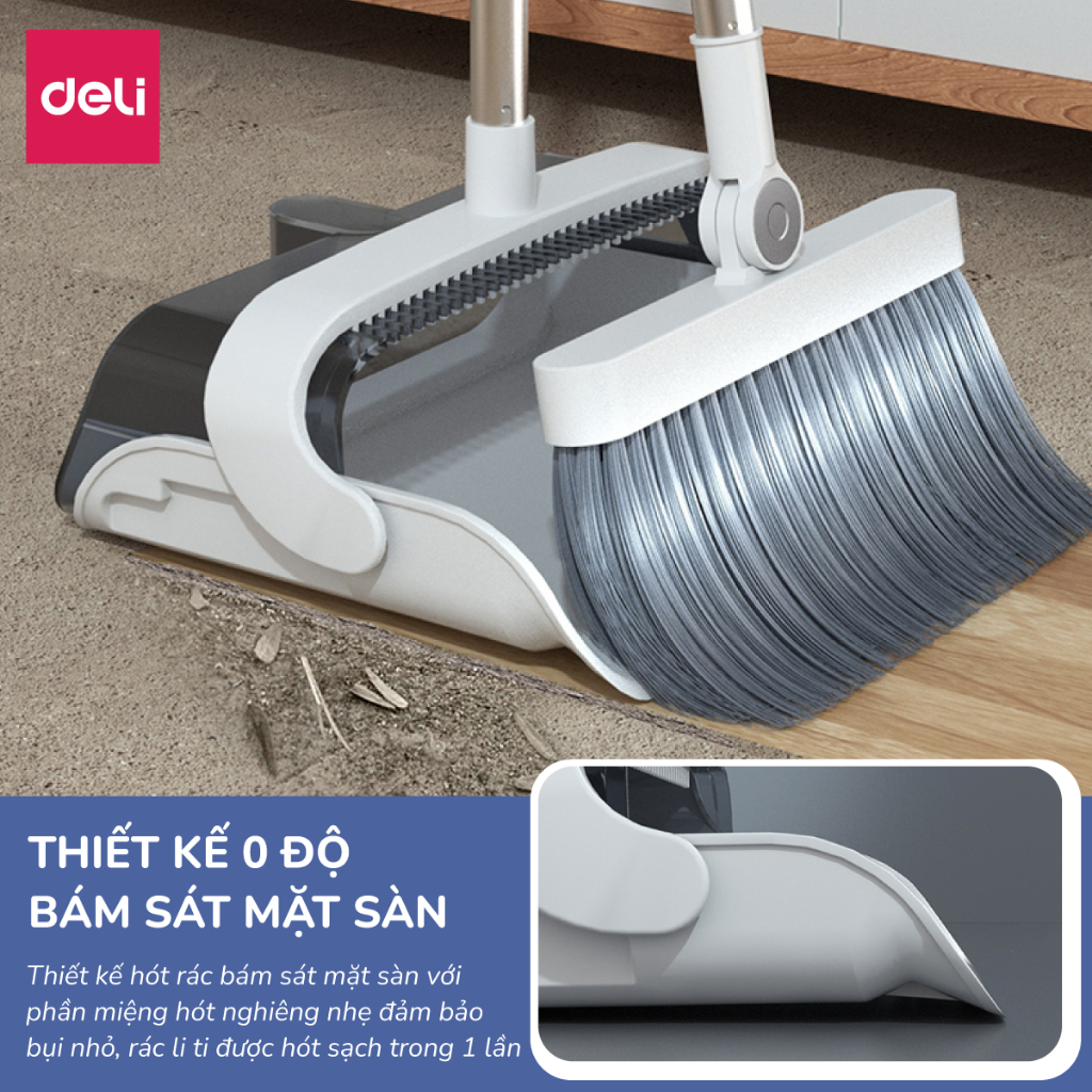 Bộ chổi quét nhà kèm xẻng hót rác gấp gọn Deli đa năng thông minh, màu trắng chất liệu nhựa cao cấp và thép không gỉ