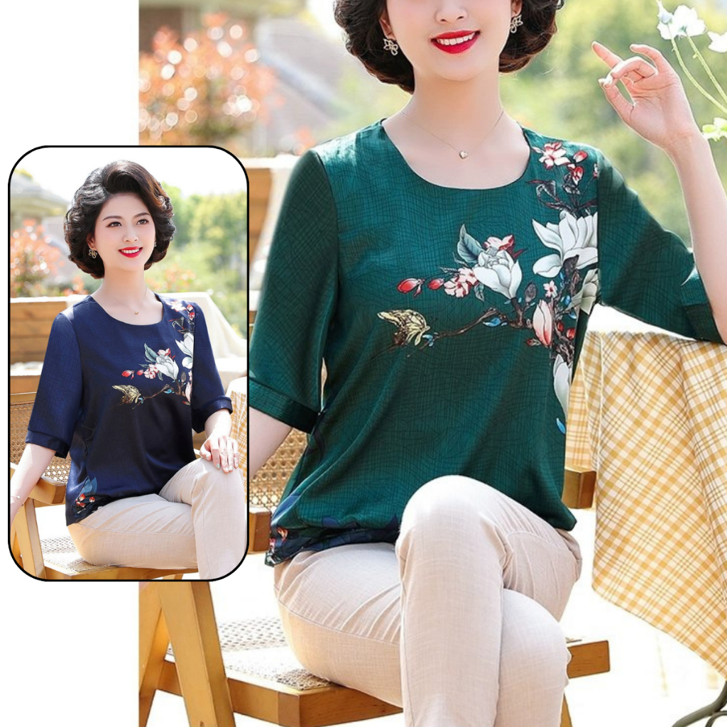 Ảnh Áo Trung Niên Nữ, Mẫu Sơ Mi Lụa Họa Tiết Hoa 3D Ngắn Tay Cho Mẹ U60 | Thời Trang Trung Niên MAI THY 3