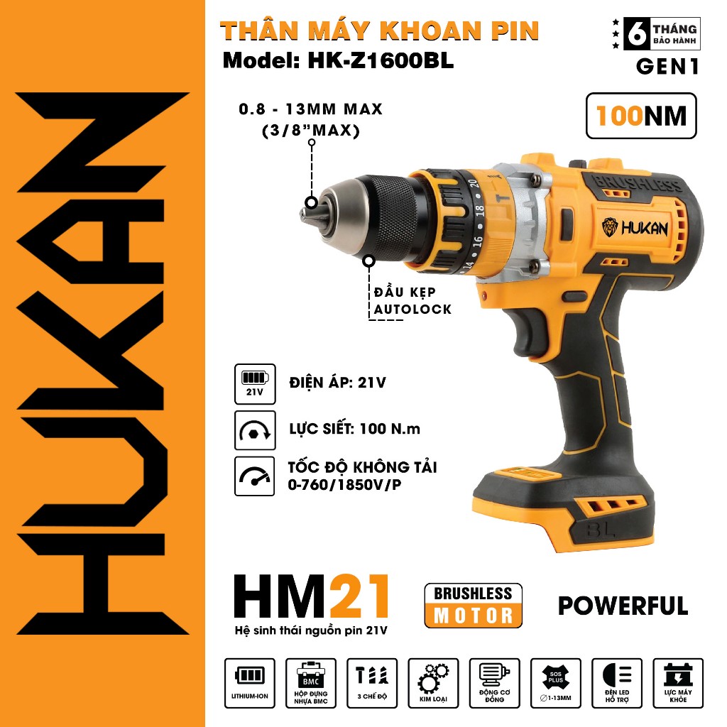 Thân máy khoan pin rút lõl HUKAN Z1600 21V Full hộp Lực Siết 100 Nm ...