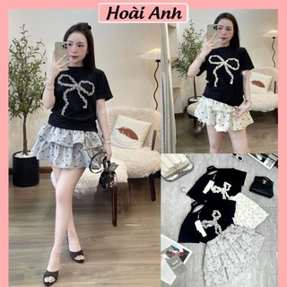 Set Bộ Đồ Nữ Áo Phông Đính Nơ Đũi Nổi In Họa Tiết Nơ Mix Chân Váy Nơ 2 Tầng Bồng Xinh Freesize
