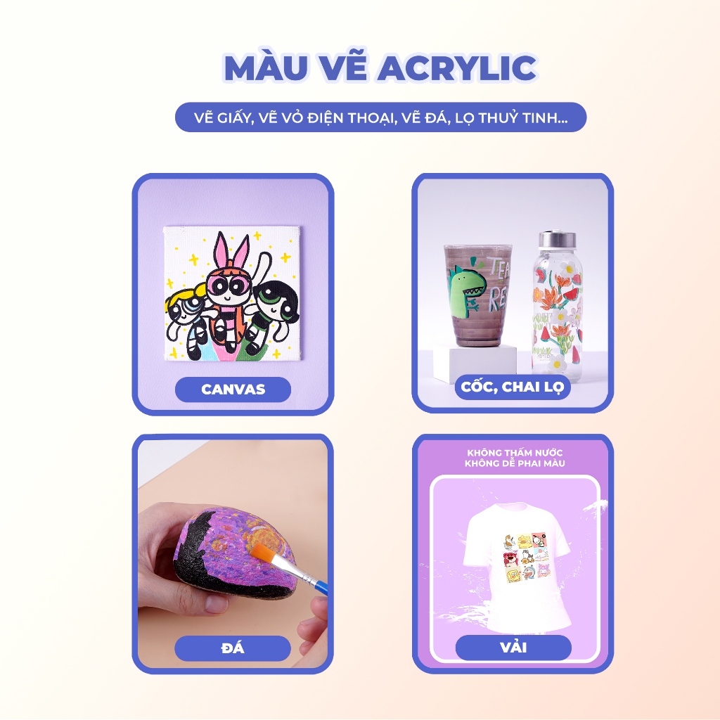 Màu Acrylic Tuýp 75ml 12 Màu Tươi Sáng, Độ Che Phủ Cao, Chồng Được Màu, Chống Nước, Vẽ Trên Đa Chất Liệu Vẽ Tranh AC0004