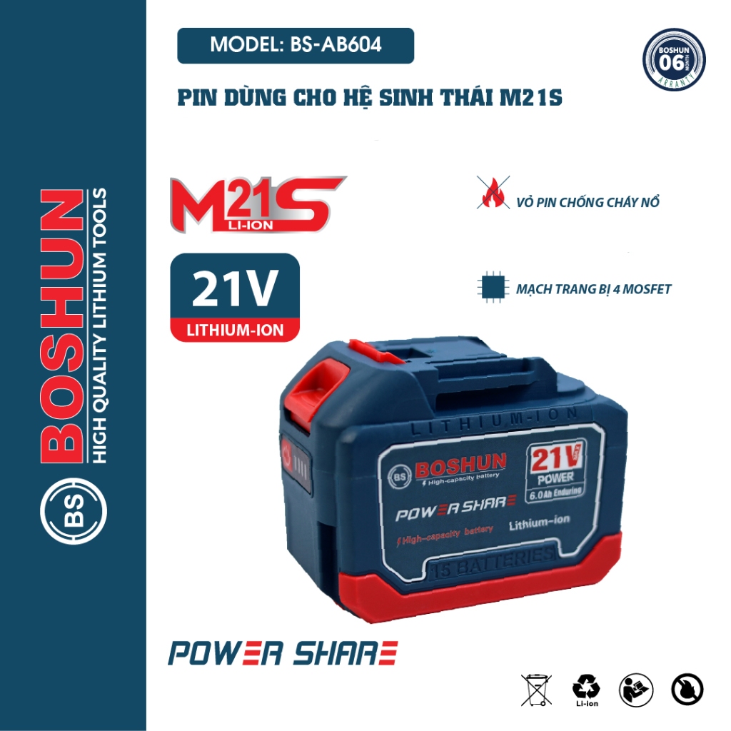 Pin 15cell BOSHUN - Mạch 4 mosfet - Vỏ ABS - Có đèn báo pin - Chân pin phổ thông dùng cho máy khoan, máy siết bulong