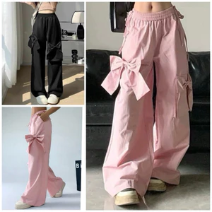 Quần ống rộng nữ túi hộp may dập ly, quần dài nơ hồng dáng xuông chất đũi nhăn