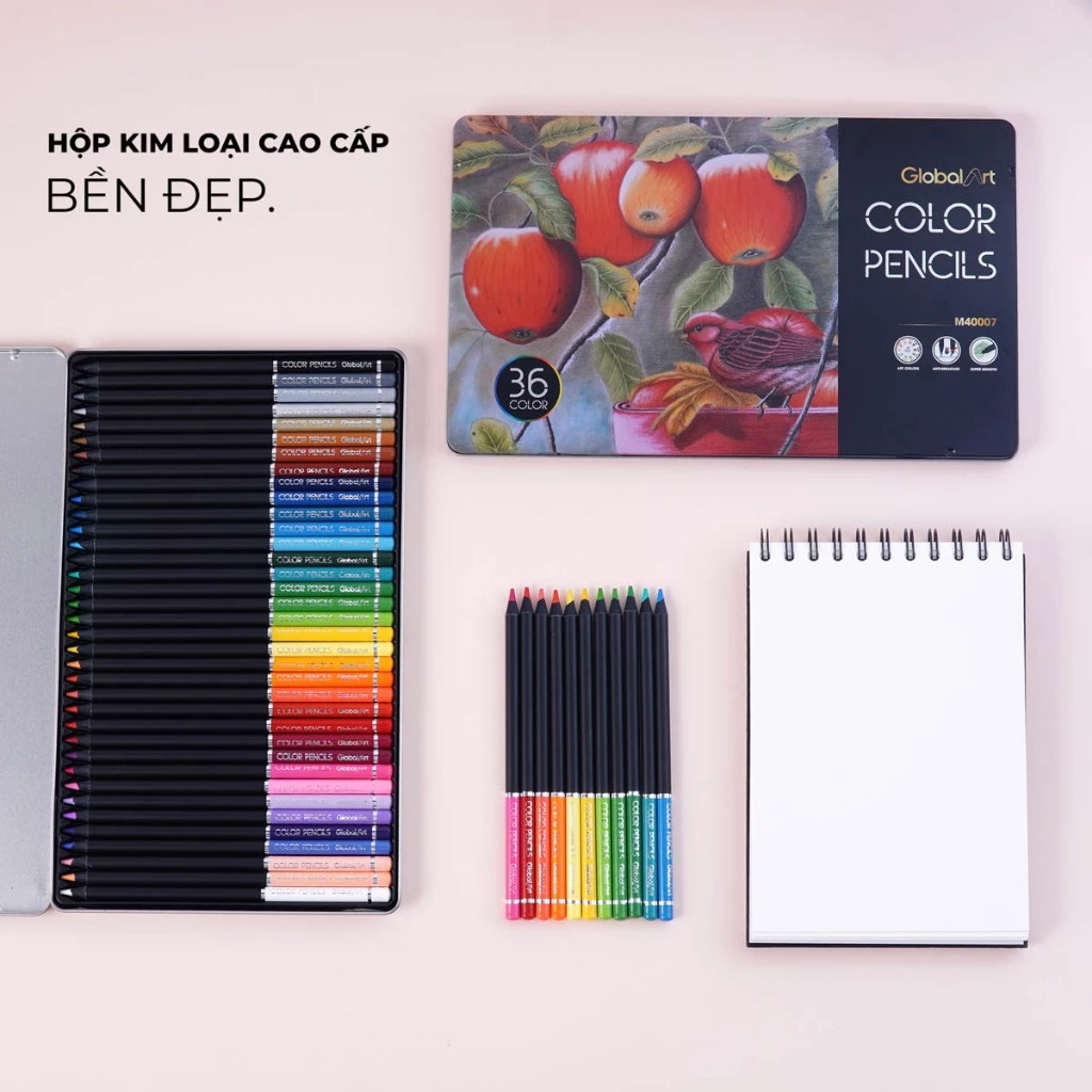 Bút Chì Màu Gốc Dầu Global Art 36 72 Màu Hộp Thiếc Lõi 4mm Màu Đậm Mịn Vẽ Thiết Kế Phác Họa Tô Màu