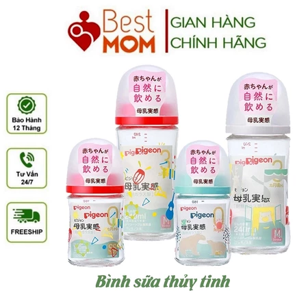 Bình Sữa Pigoen Thuỷ Tinh Nội Địa Nhật Thế Hệ 3 Mẫu Mới Núm Ti Mềm 160ml 240ml - Đảm bảo chính hãng