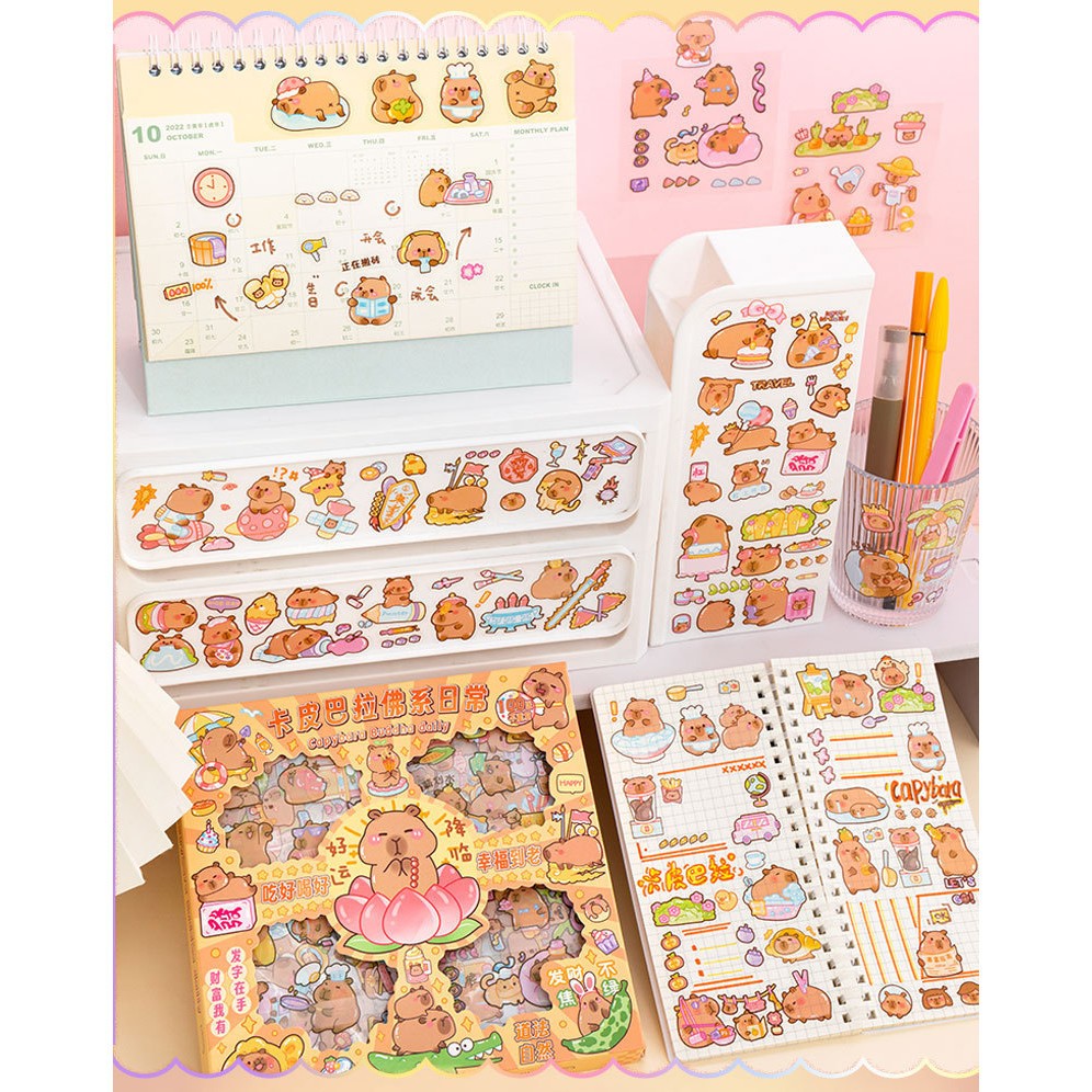 Hộp 96 tấm sticker Capybara, miếng dán DIY trong hình Capybara nhiều mẫu, chuột lang nước đáng yêu cute