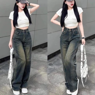 Quần Jean Nữ Suông Ống Rộng Xanh Đậm Mài Thời Trang BigSize 55-90kg Denim 0100, quần bò nữ ống rộng dáng xuông Molijean