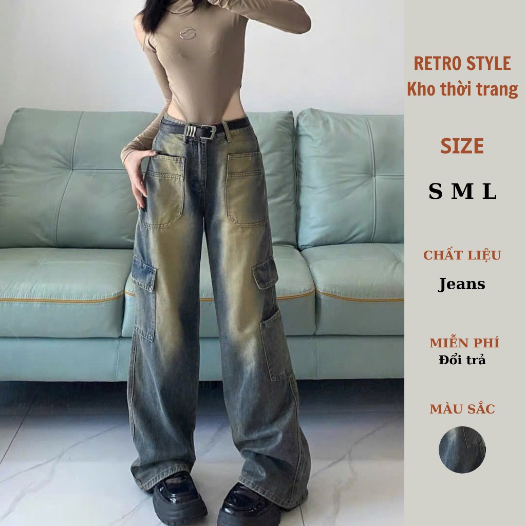 Quần jean ống rộng túi hộp quần nữ jean phong cách retro - Quan7132_P9K12