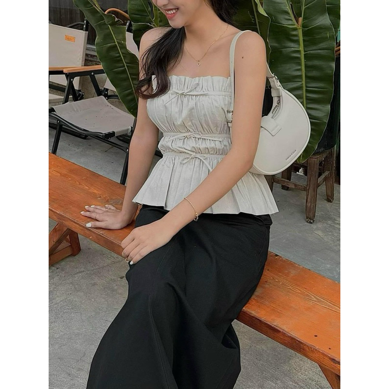 ÁO LINEN CÚP NGỰC NHÚN CỘT NƠ RICO TOP