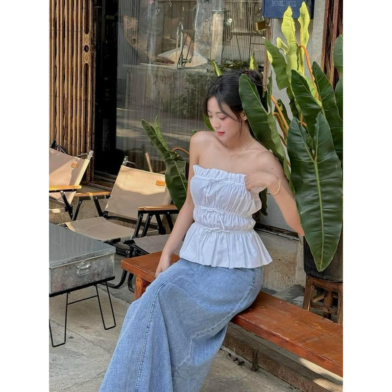 ÁO LINEN CÚP NGỰC NHÚN CỘT NƠ RICO TOP