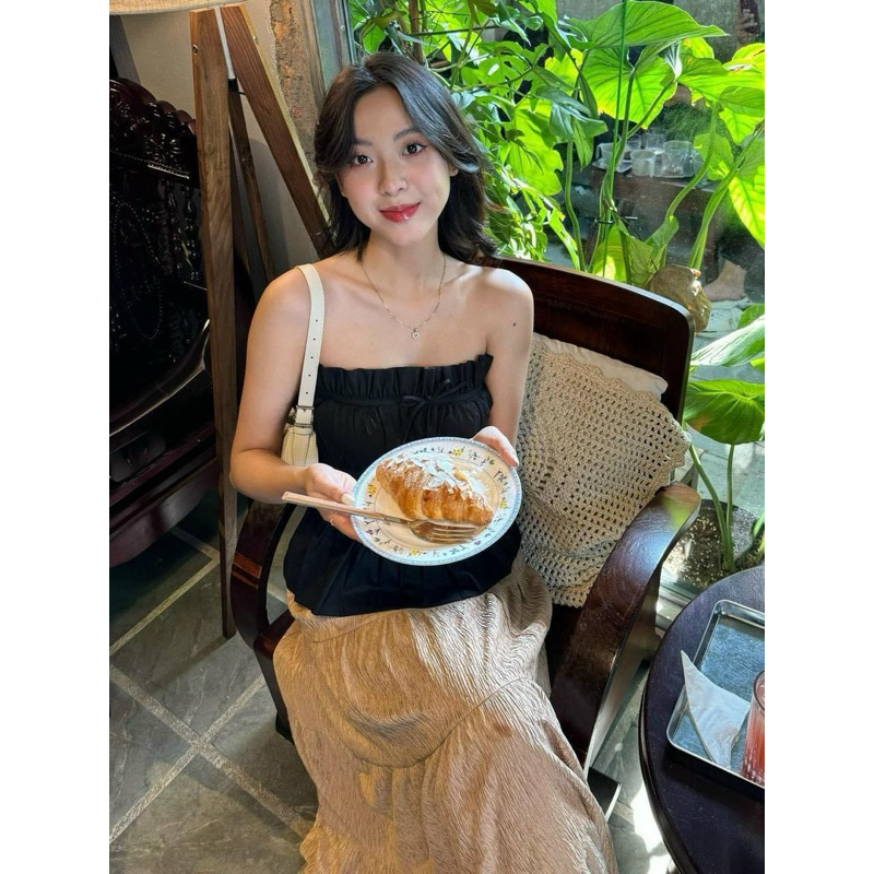 ÁO LINEN CÚP NGỰC NHÚN CỘT NƠ RICO TOP