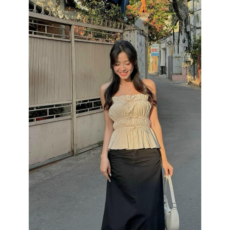 ÁO LINEN CÚP NGỰC NHÚN CỘT NƠ RICO TOP
