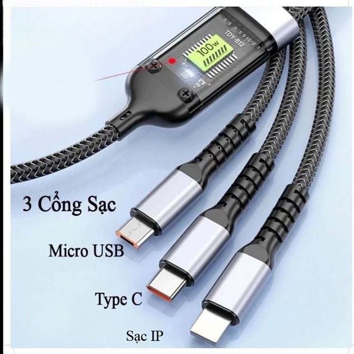 Cáp Sạc Nhanh 3 Đầu,  Dây Sạc Tự Ngắt Bọc Dù 100W Tích Hợp 3 Cổng Micro, Usb, Type C 3 In 1 MÃ: 996