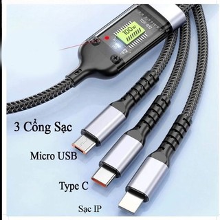 Cáp Sạc Nhanh 3 Đầu,  Dây Sạc Tự Ngắt Bọc Dù 100W Tích Hợp 3 Cổng Micro, Usb, Type C 3 In 1 MÃ: 996