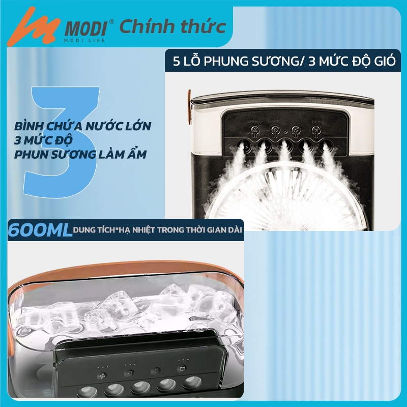 Ảnh Quạt Điều Hoà Phun Sương Mini Modi Solar, Quạt Hơi Nước Có Khay Đá Dung Tích 600ml 4