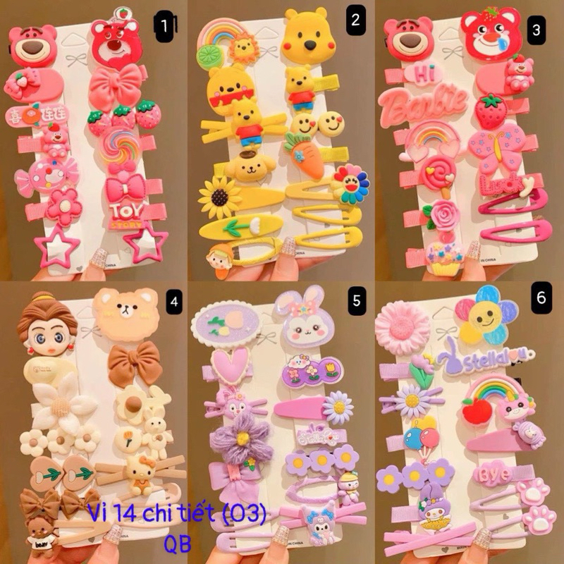 Set Kẹp Tóc 10-14 Chi Tiết Mẫu Mới Nhiều Màu Gấu Dâu Lotso Siêu Xinh - Kẹp Mái