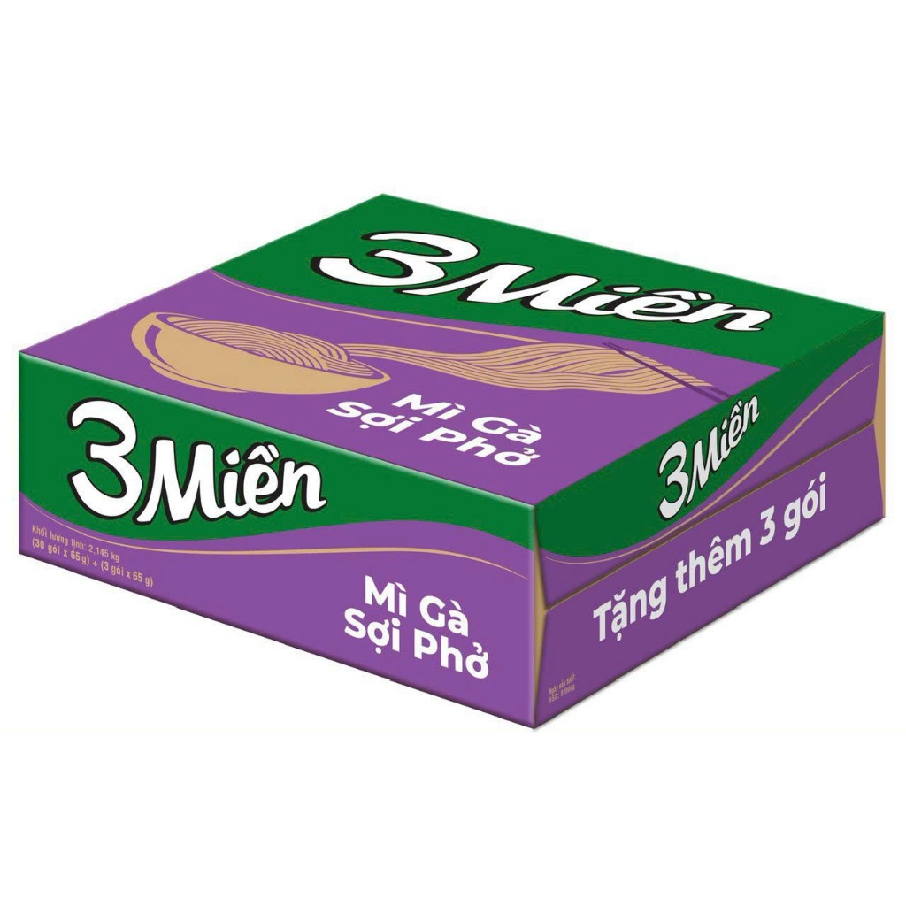 Thùng 30 gói mì 3Miền 2 vị( tôm chua cay và mì Gà sợi phở) 65g