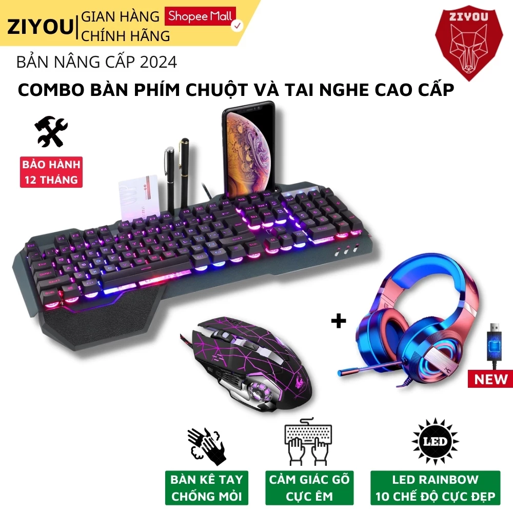 Combo Gaming Bộ Bàn Phím Chuột ZIYOU Kèm Tai Nghe Cực Chất Bản Nâng Cấp 2024 Full Chế Độ LED Cho Cả Nam Và Nữ K618+V5+Q9