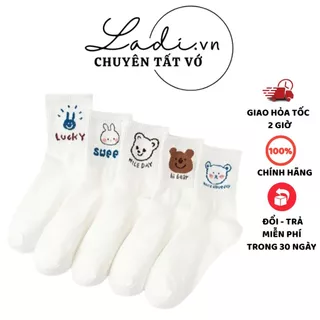 Tất Vớ Nữ, Tất Nam Nữ Cổ Cao Phong Cách Vintage Hàn Quốc Thêu Hình Thú Cute LADI Mẫu T11