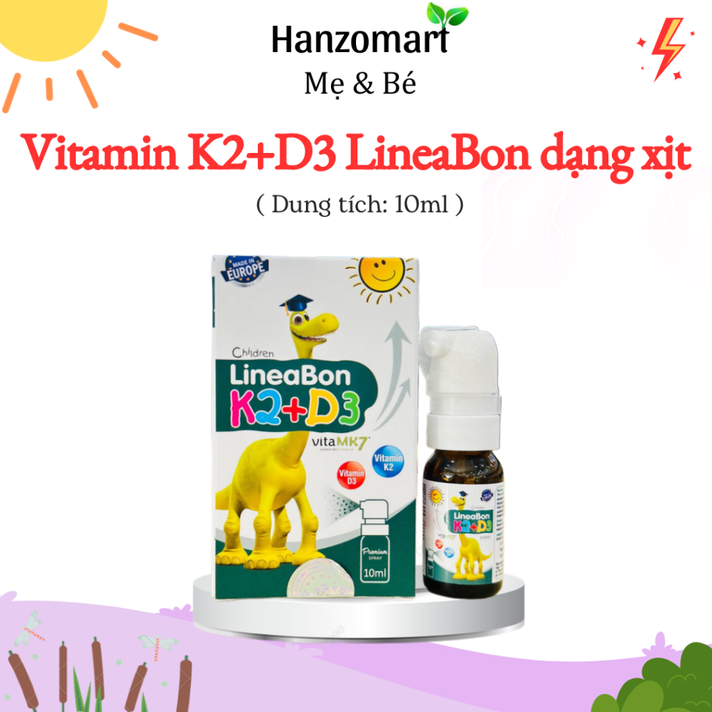 D3 k2 lineabon dạng xịt chính hãng bổ sung K2 và vitamin D3 giúp hấp thụ canxi, giảm còi xương, tăng chiều cao 10ml
