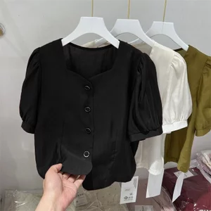 Áo kiểu nữ cổ vuông tay phồng chất đũi thoáng mát SP23