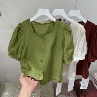 Áo kiểu nữ cổ vuông tay phồng chất đũi thoáng mát SP23