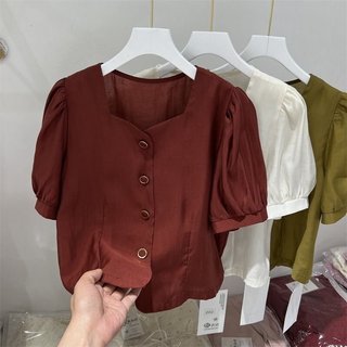 Áo kiểu nữ cổ vuông tay phồng chất đũi thoáng mát SP23