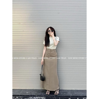 [S2.782] Set Áo Phông Cotton Mix Chân Váy Thô Kaki Nâu Dáng Dài Cá Tính